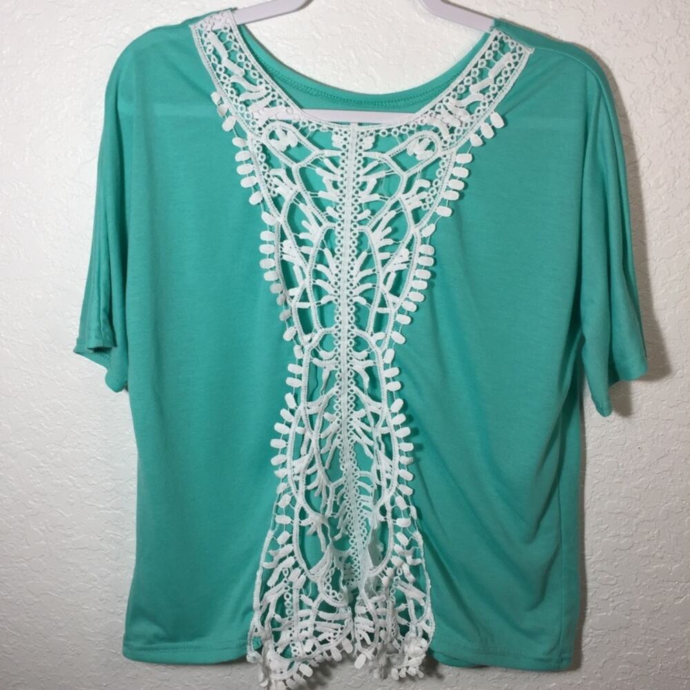 Teal Short Sleeve Top White Crochet Lace Front Boho Tassel Trim Shirt